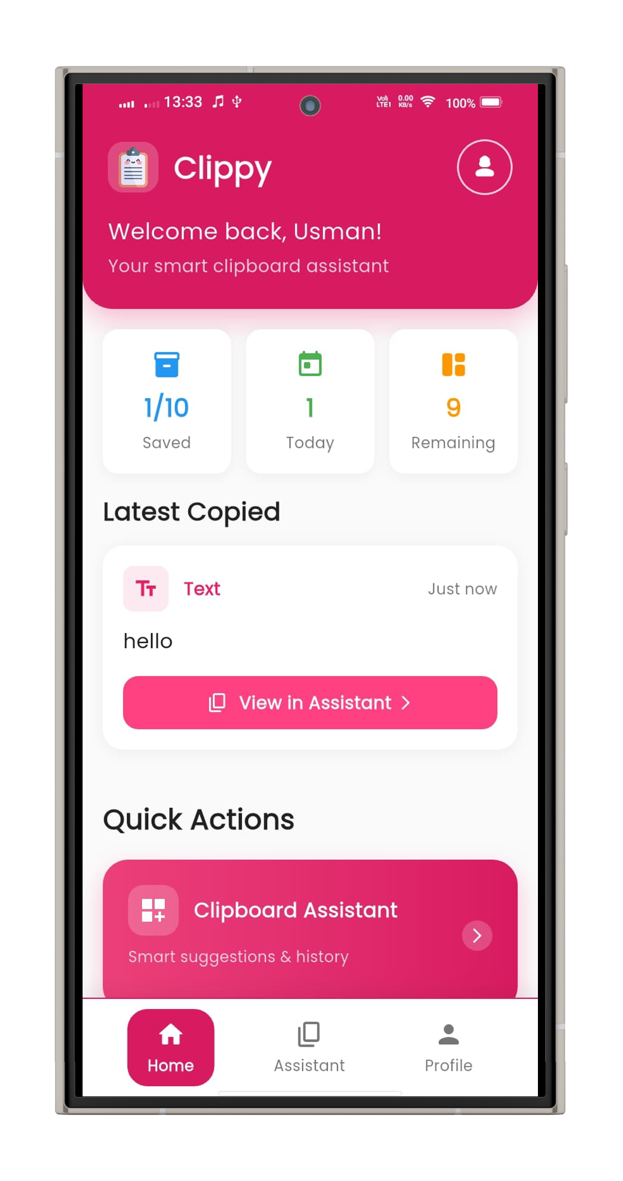 Clippy Home Screen - Smart clipboard dashboard